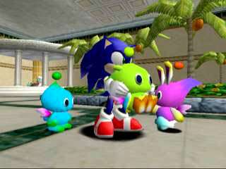 Sonic carrying a Chao near other Chao.