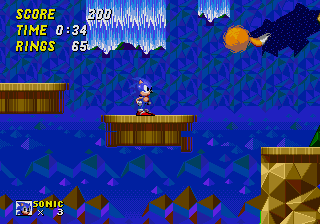 Sonic standing on a falling platform.