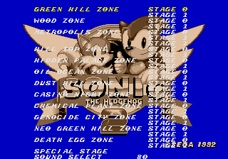 Sonic 2 Beta Stage Select Screen.