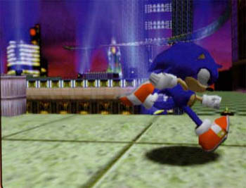 Sonic running along a tiled road in Speed Highway.