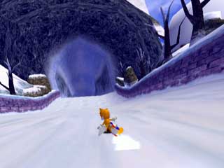 Tails snowboarding on the white snow.