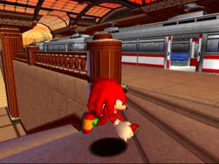 Knuckles running up the stairs to the train.