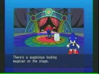 There's a suspicious looking magician on the stage, and it's Eggman.